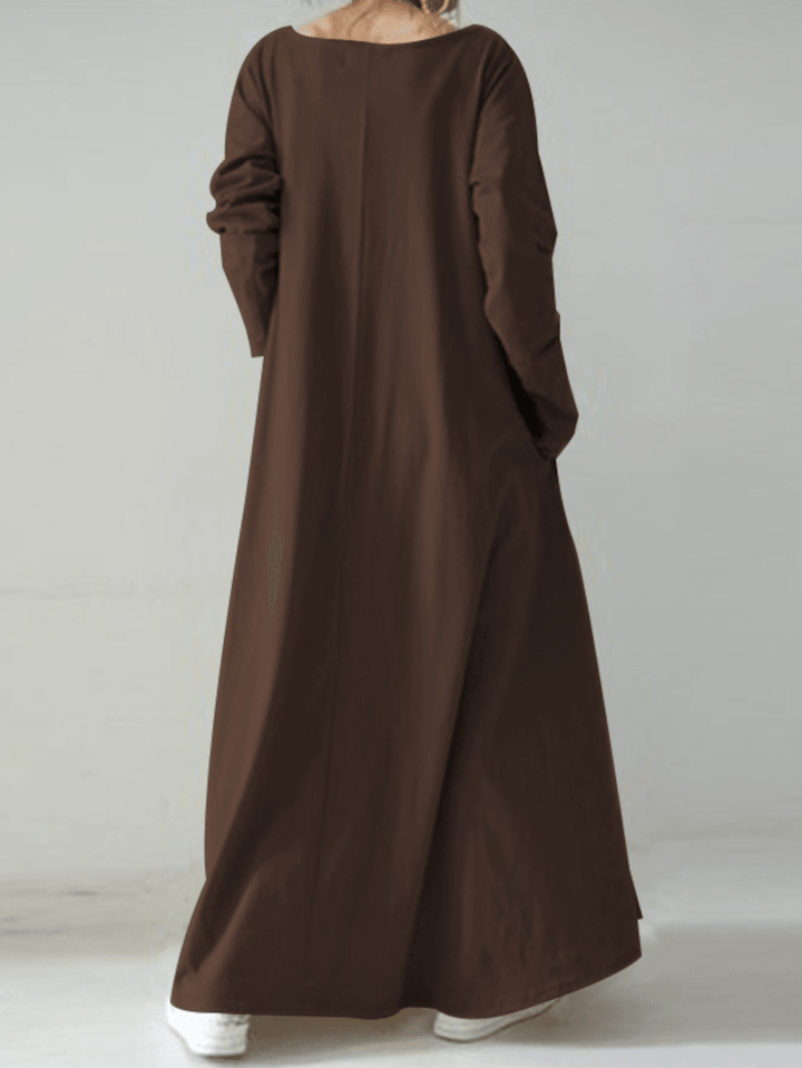 Women Casual Solid Color V-Neck Loose Long Sleeve Swing Maxi Dress