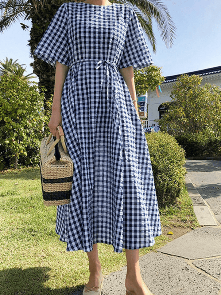 Women Summer Short Sleeve Plaid Bow-Knot Casual Dress