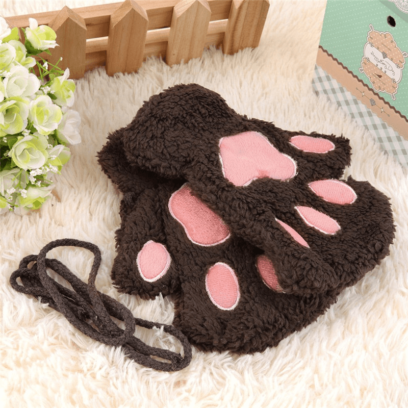 Women Girls Fluffy Plush Bear Cat Paw Fingerless Gloves Paw Glove Winter Warm Mittens