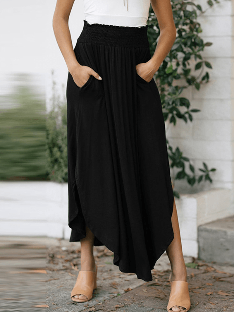 Women Elastic Waist Irregular Hem Side Fork Casual Skirts with Pocket