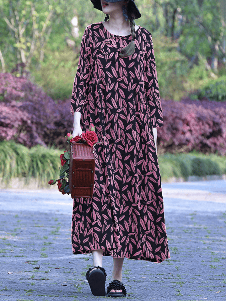 Leaf Print Side Frog Button 3/4 Sleeve Casual Maxi Dresses for Women - MRSLM