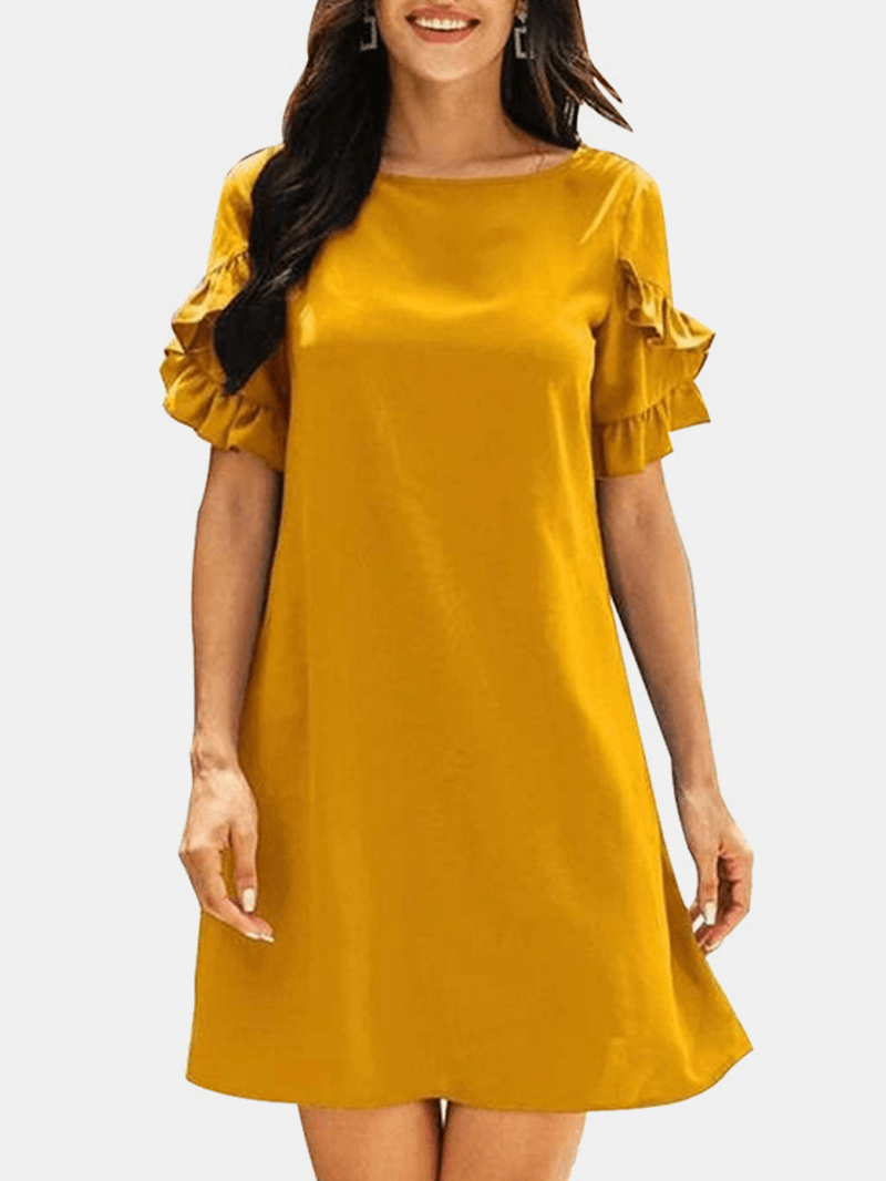 Solid Causal V-Neck Short Ruffled Sleeve Dress for Women