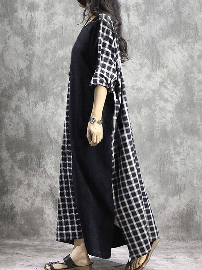 Plaid Patchwork round Neck Long Sleeve Casual Maxi Dress