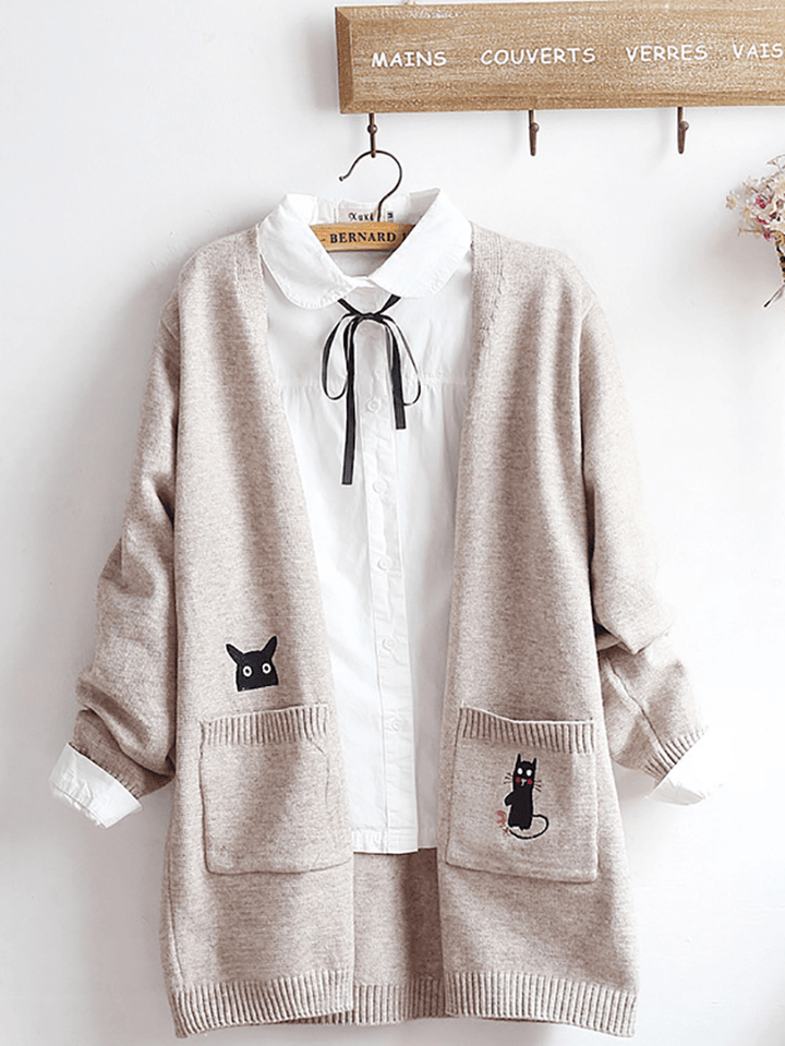 Embroidery Cat Knit Long Sweater Cardigans