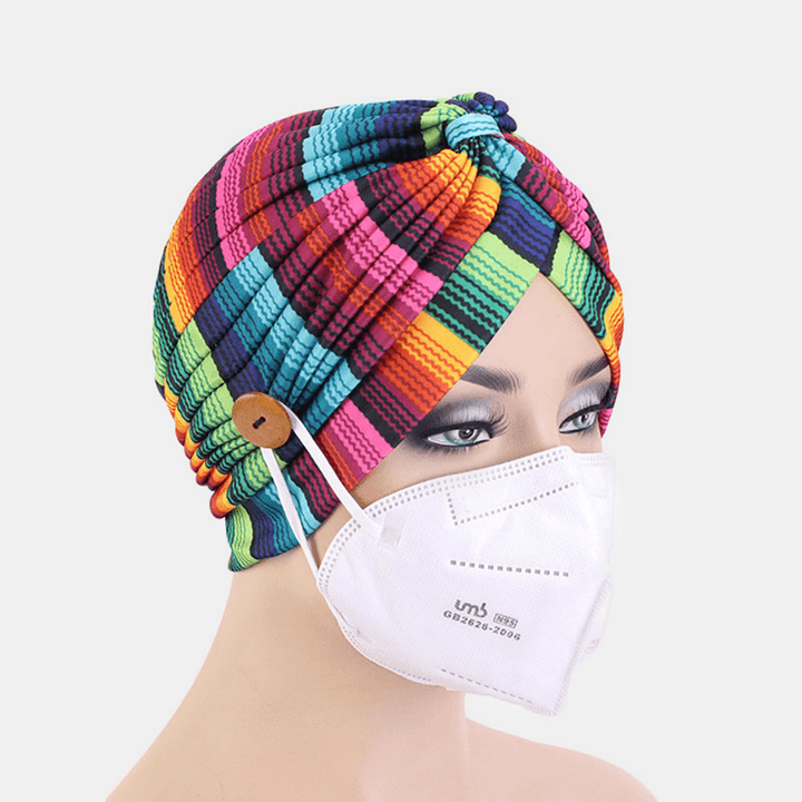 Printed Multi-Colored Beanie National Style Button Mountable Ears Prevent Strangulation