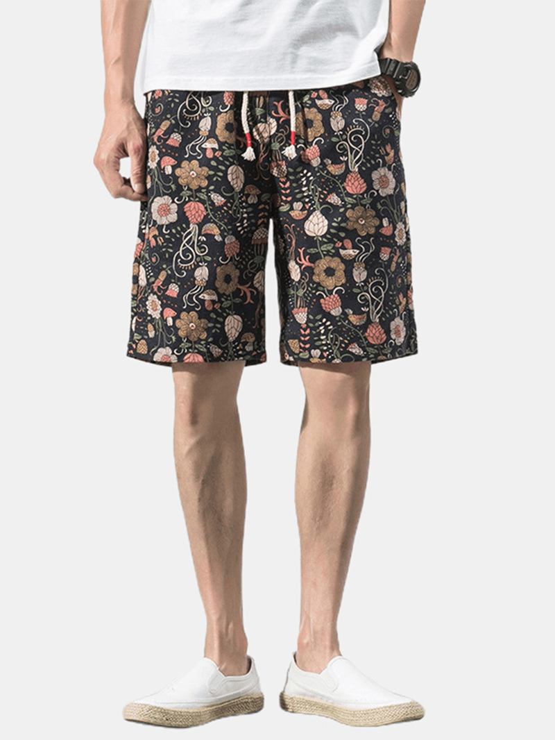 Cotton Mens Floral Print Pocket Drawstring Casual Shorts