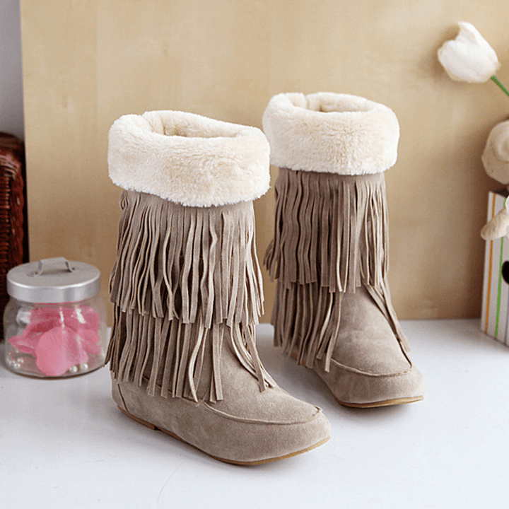 Women Tassel Boots Warm Fluff Flanging Mid-Calf Snow Boots