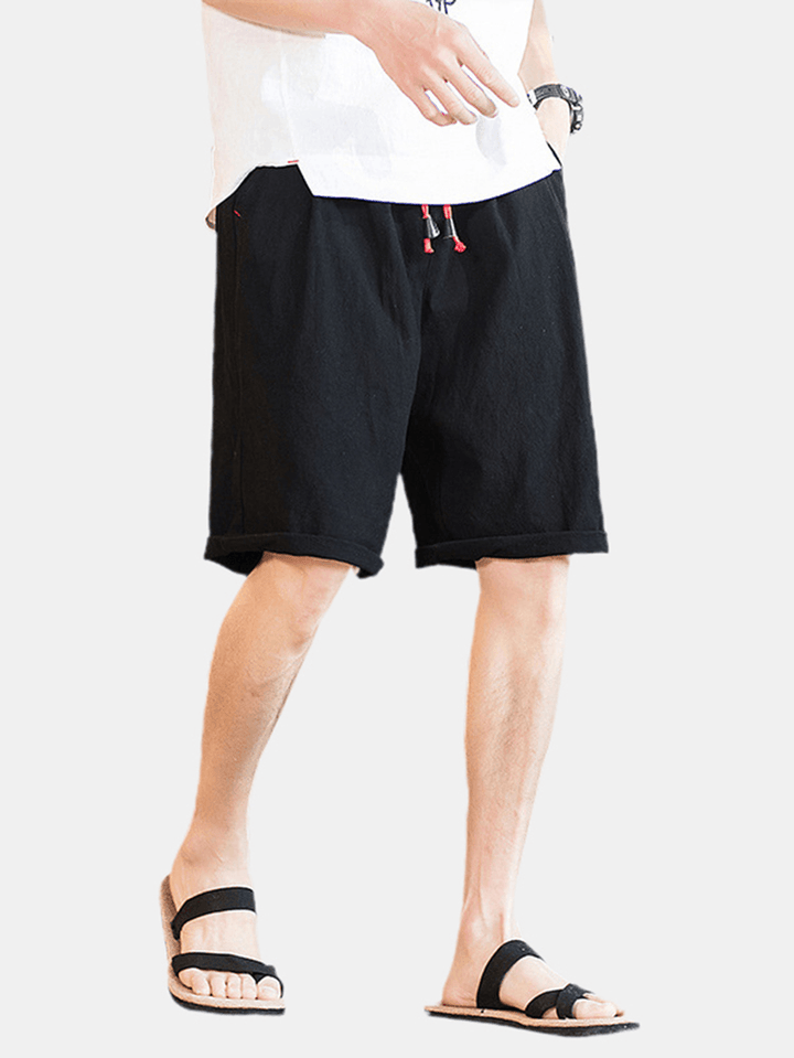 Mens Solid Color Elastic Waist Drawstring Casual Shorts