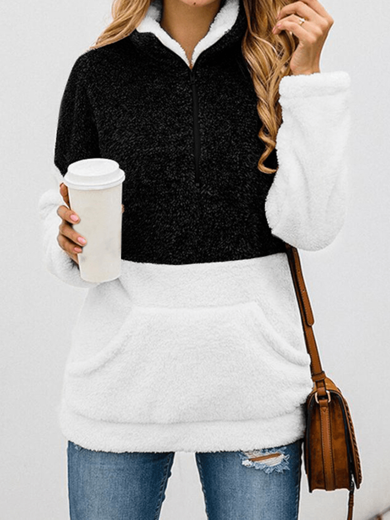 Women Teddy Velvets Contrast Color Turtleneck Patchwork Street Fashion Plush European Sweatshirts