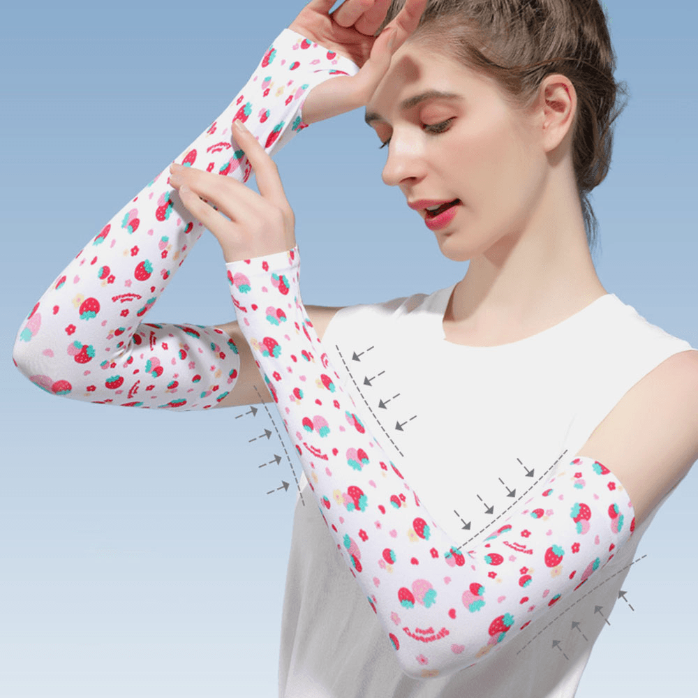 Women Ice Silk Fruit Flower Pattern Printing Long Sun Protection Sleeves Thin Breathable Driving Arm Guard Glove