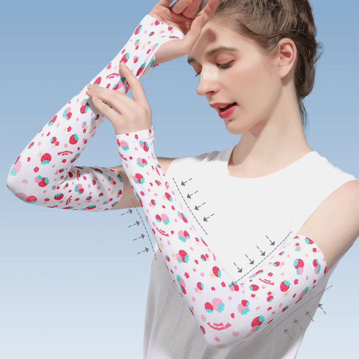 Women Ice Silk Fruit Flower Pattern Printing Long Sun Protection Sleeves Thin Breathable Driving Arm Guard Glove