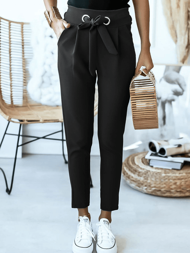 Women Solid Color Lace-Up Pleated Casual Regular Fit Pencil Pants