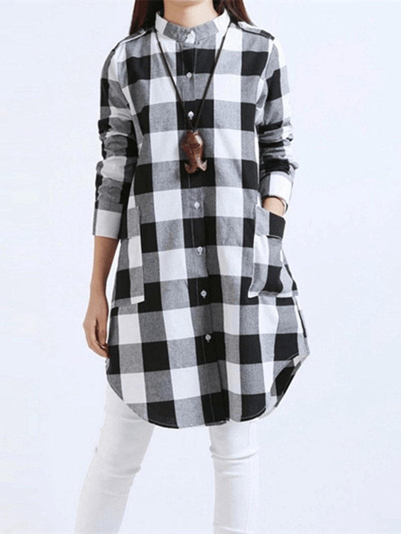 Women Casual Long Sleeve Plaid Loose Pocket Button Long Blouses