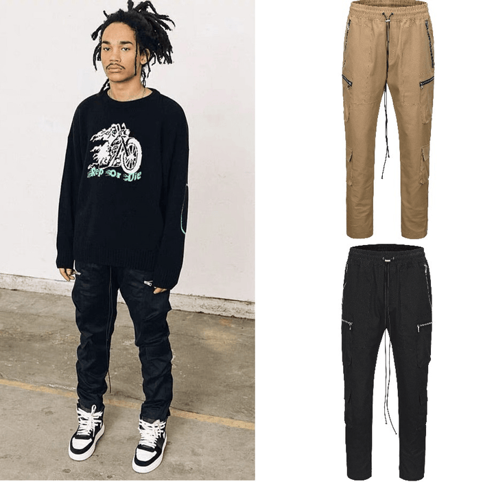 Loose Drawstring Hem-Breasted Multi-Pocket Cargo Casual Pants