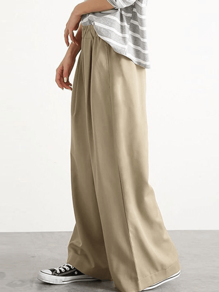 Women Casual Solid Color Elastic Waist Wide Leg Pants with Pocket