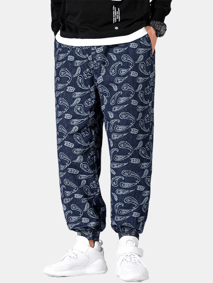 Mens Paisley Print Drawstring Ethnic Style Jogger Pants with Pocket