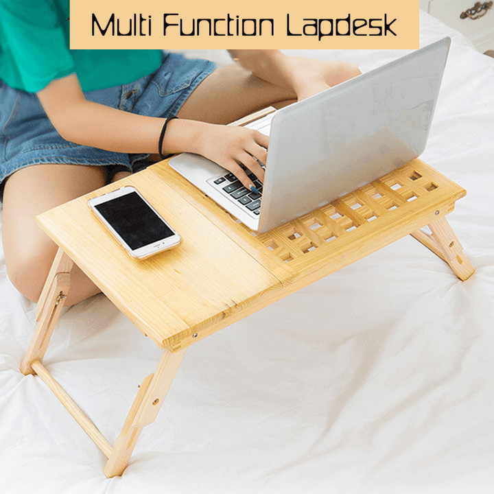 Multi Function Lapdesk Table Bed Tray Folding Adjustable Table Tilting Top with Storage Drawer Bamboo Wood