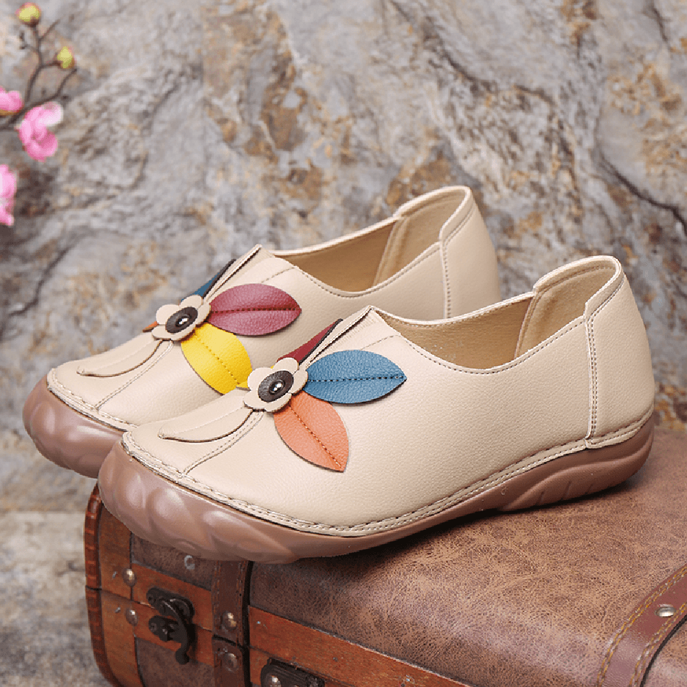 Women Retro Flower Stitching Comfy round Toe Slip on Flat Loafers Shoes