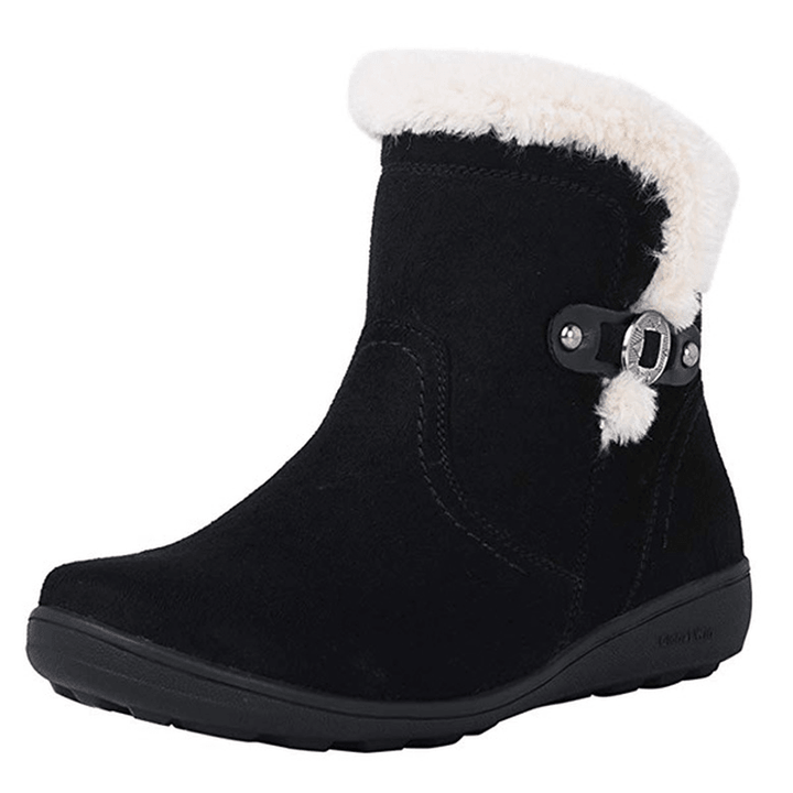 Women Winter Suede Warm Plush Lining Buckle Slip Resistant Ankle Snow Boots - MRSLM