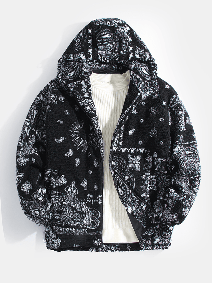 Mens Baroque Print Warm Sherpa Ethnic Style Hooded Jacket with Pocket