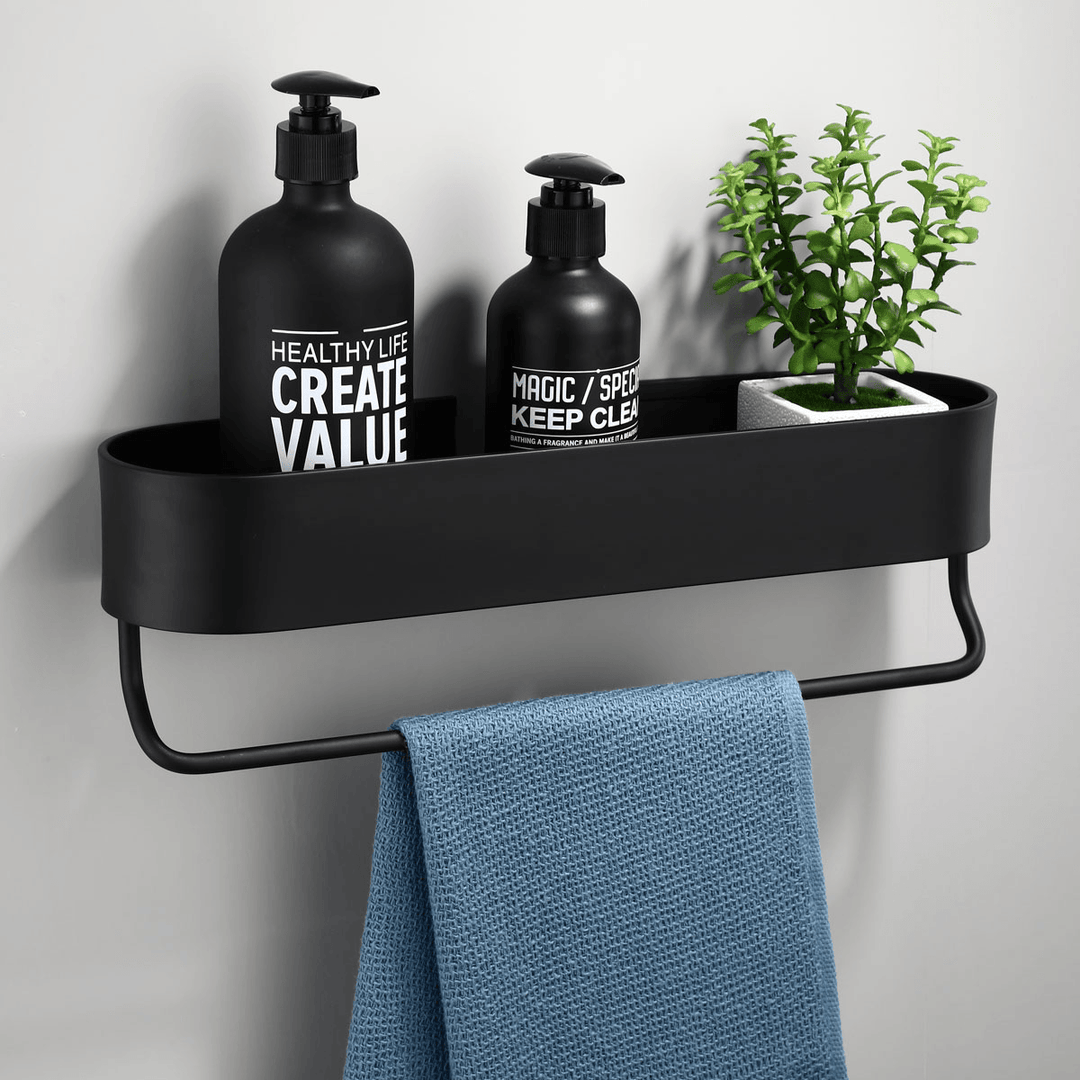 Black Bathroom Shelf 30-50Cm Kitchen Wall Shelves Basket Storage Rack Towel Bar