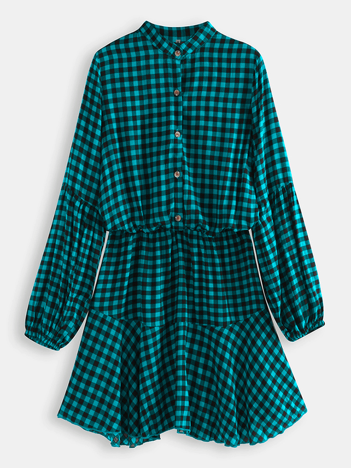 Long Sleveed Plaid Stand Collar Causal Shirt Dress for Women