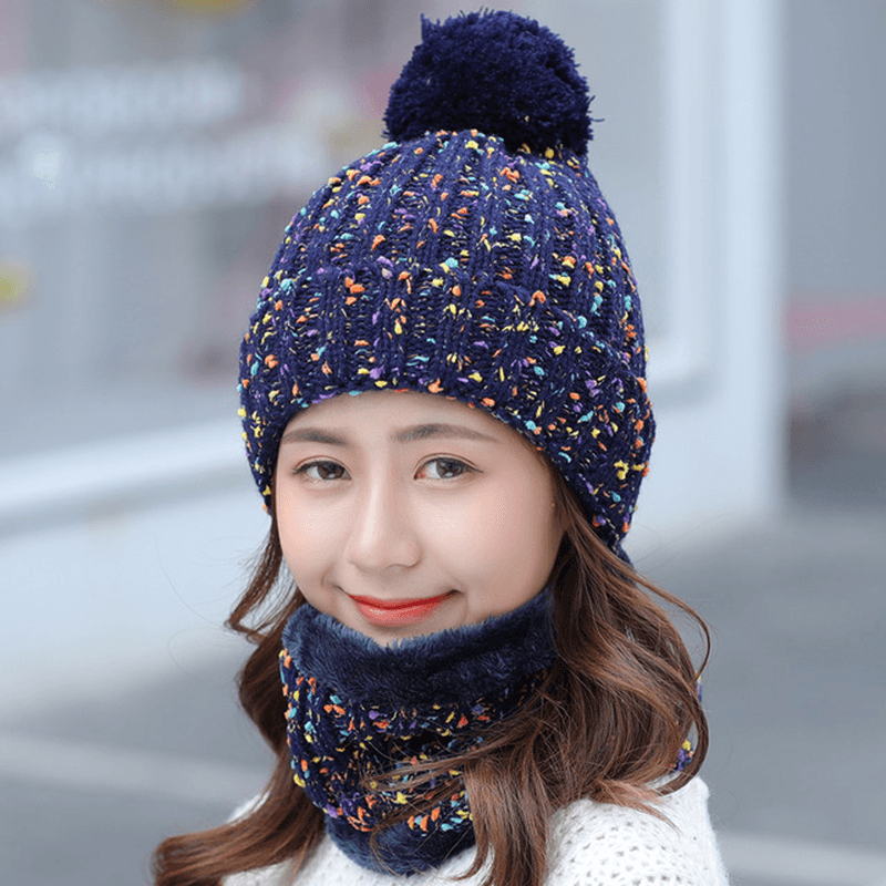 Thick Warm Wool Cap Bib Two-Piece Set Beanie Warm Winter Pom Cap