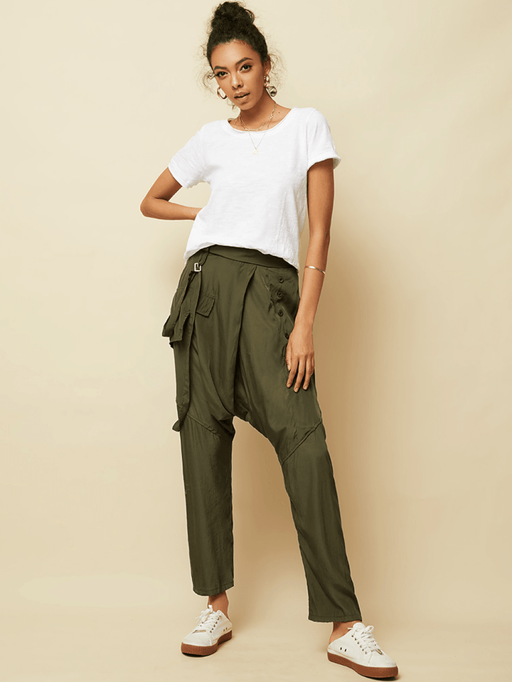 Women Solid Elastic Waist Button Casual Pants - MRSLM