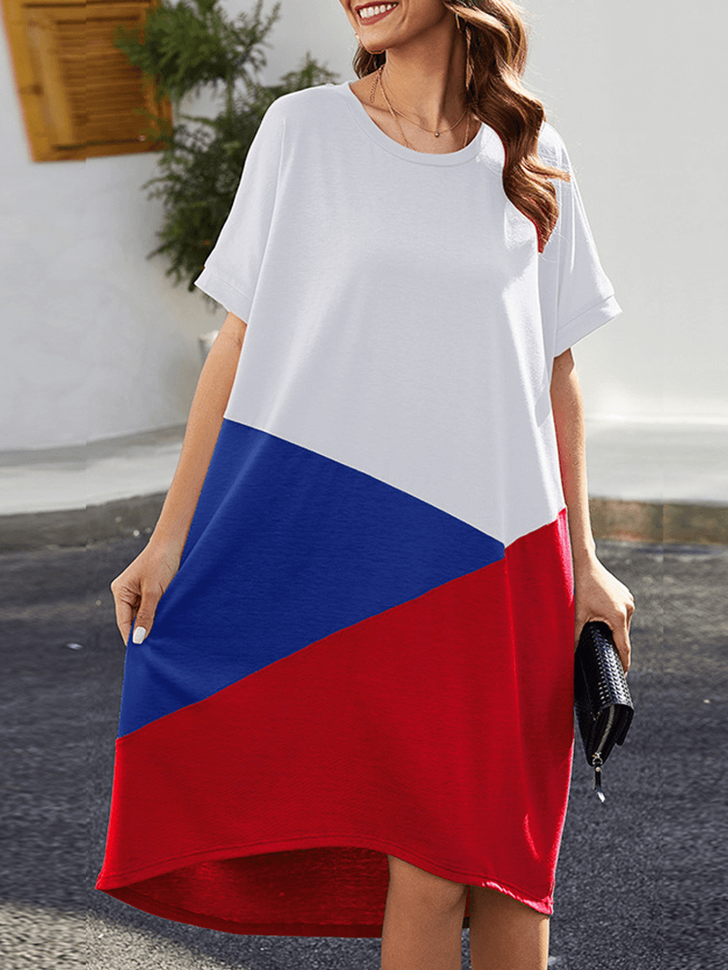 Short Sleeve O-Neck Loose High Low Hem Casual Dress