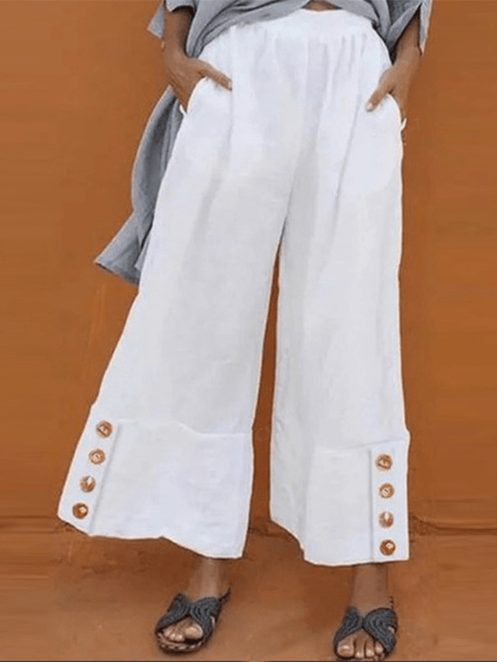 Casual Solid High Elastic Waist Button Wide Leg Pants for Women