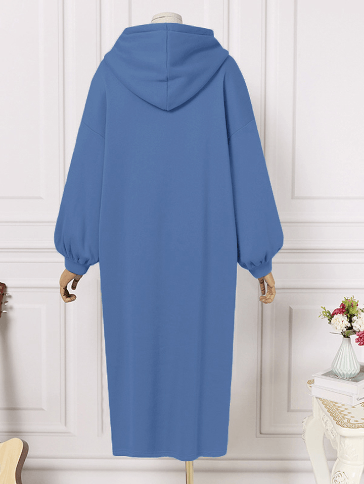 Women Puff Sleeve Solid Color Split Side Pockets Hooded Maxi Length Loose Drawstring Midi Dresses