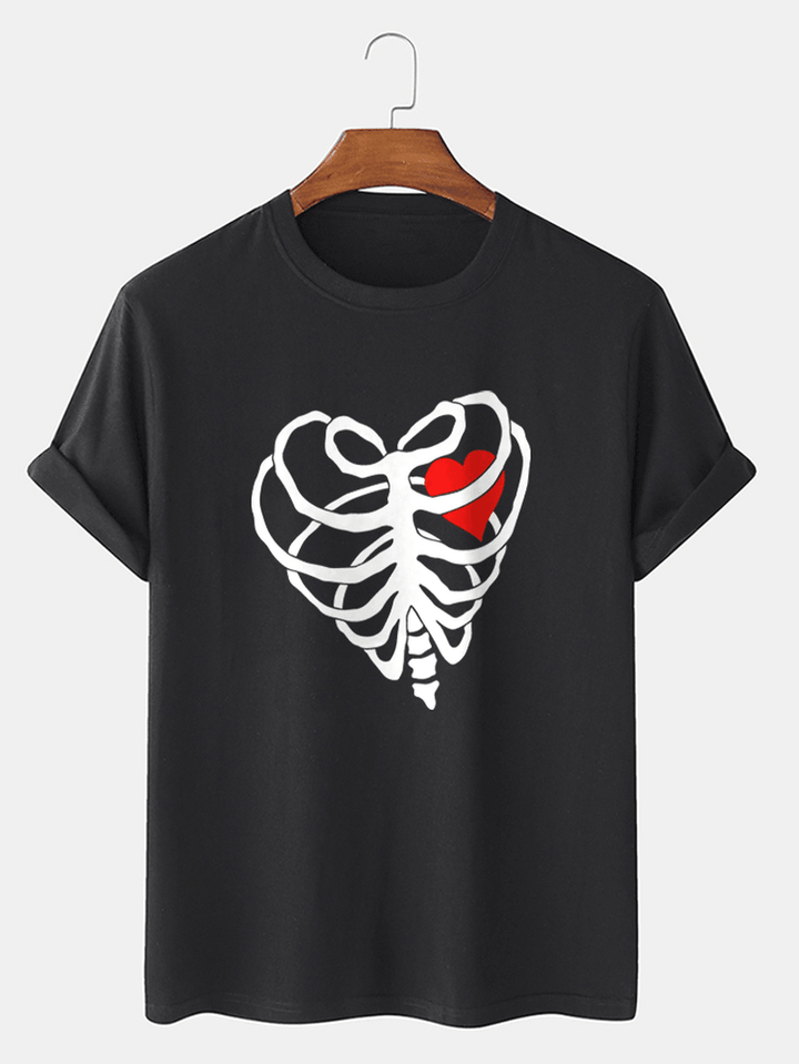 Mens Casual Heart-Shaped Skeleton Cotton Hem Cuff T-Shirt