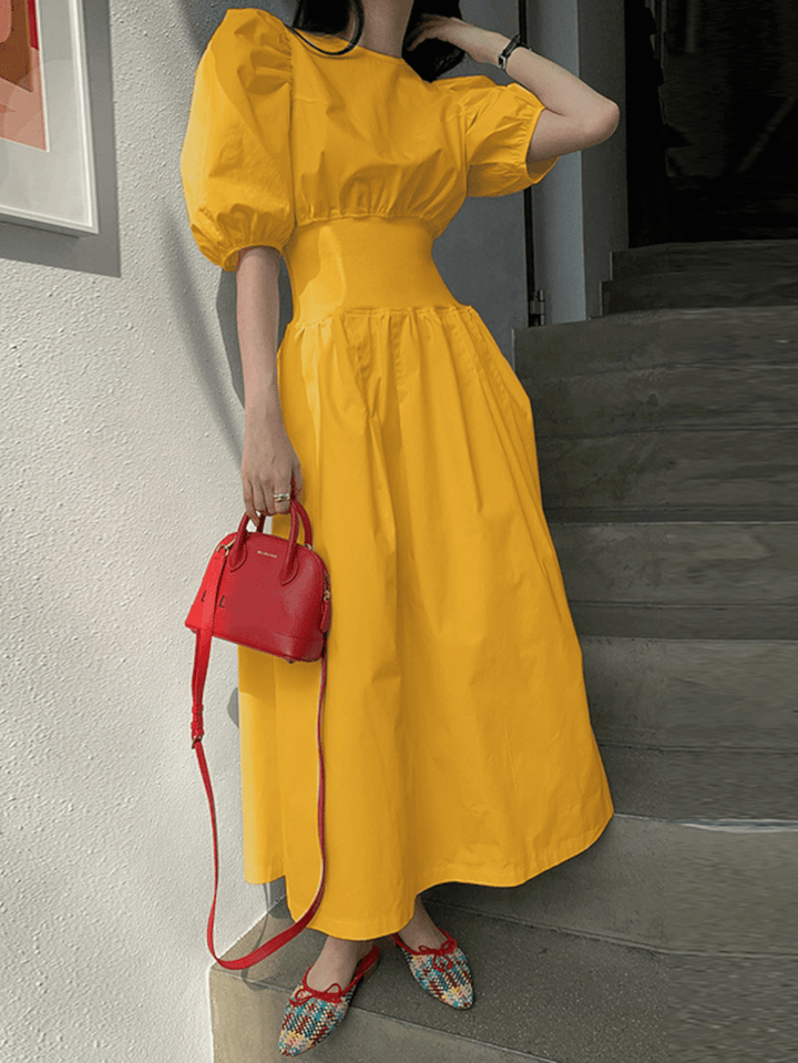 Puff Sleeve O-Neck Short Sleeve Elastic Cuffs Casual Maxi Dress - MRSLM