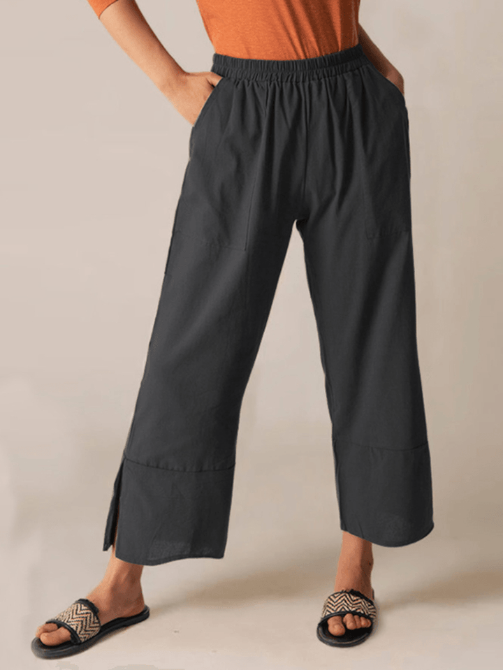 Casual Fork Elastic Waist Ninth Fork Solid Loose Fit Pants for Women - MRSLM