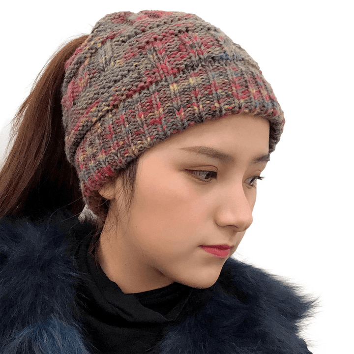 Female Warm Knitted Hat Striped Colorful Ponytail Headband Woolen Cap