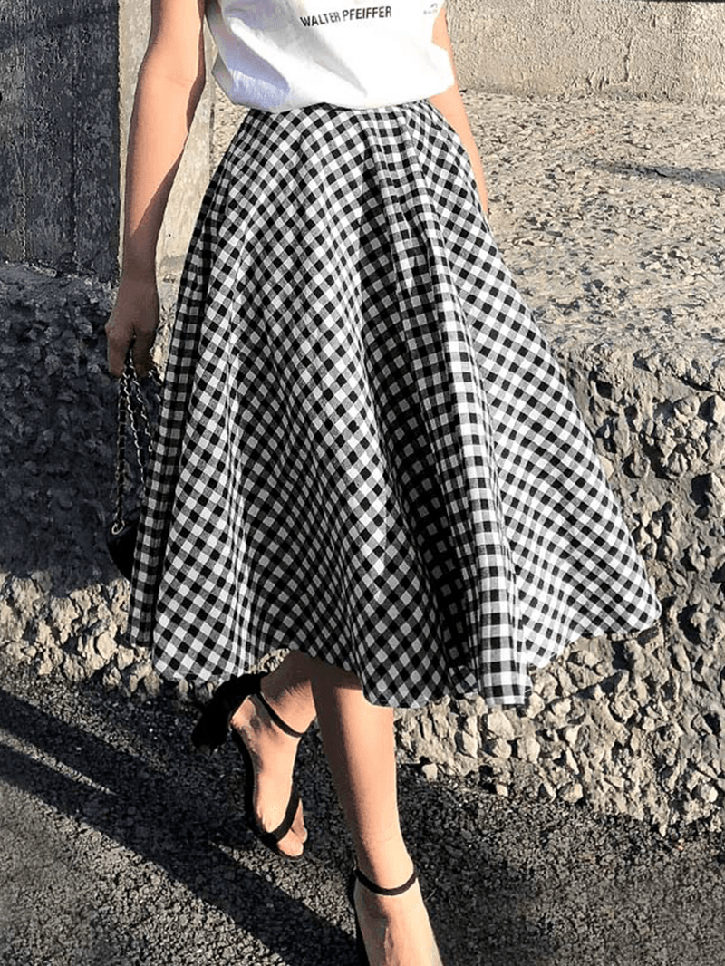 Women Plaid Pleated Spliced Loose Casual Leisure Skirts