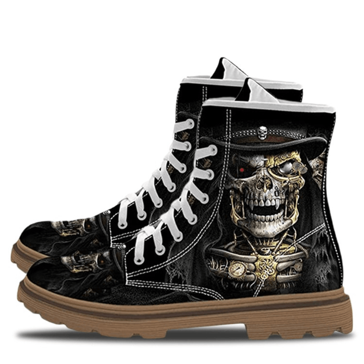 Men Leather Halloween Soft Sole Funny Skull Printing Lace up Casual Martin Ankle Boots