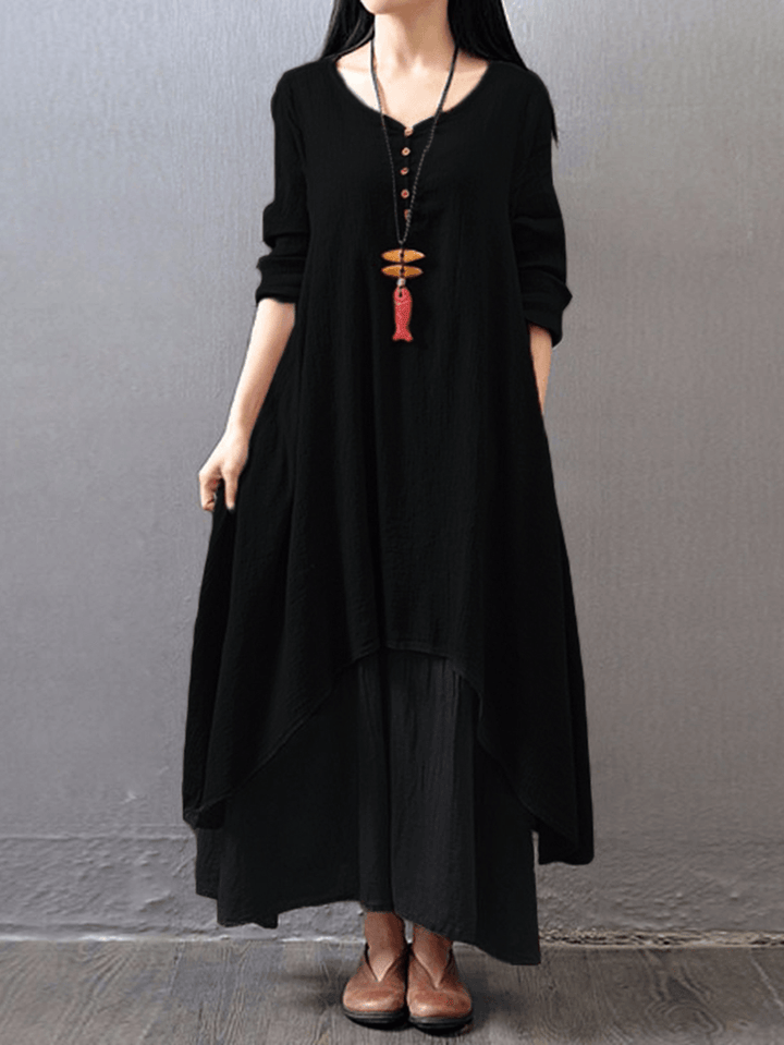 Women Long Sleeve Double Layers Button Asymmetric Vintage Maxi Dress - MRSLM