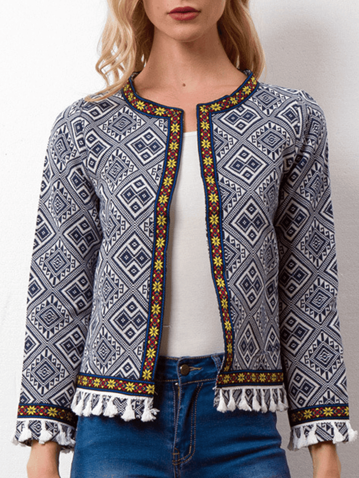 Ethnic Print Tassel Long Sleeve Coats - MRSLM