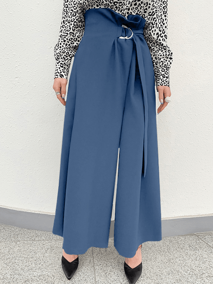 Women Solid Pleats Spliced Wide-Legged Floor Maxi Length Casual Pants