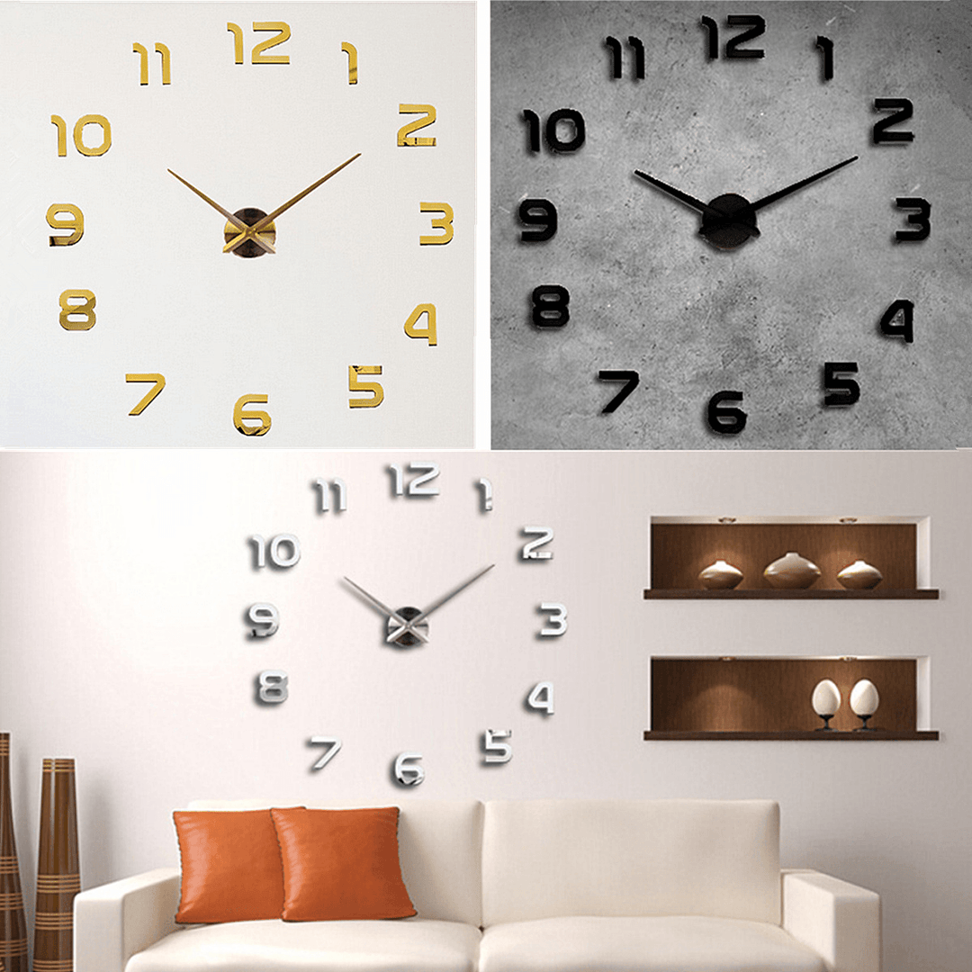 3D DIY Wall Sticker Clock Large Size Mirror Surface Decor Quartz