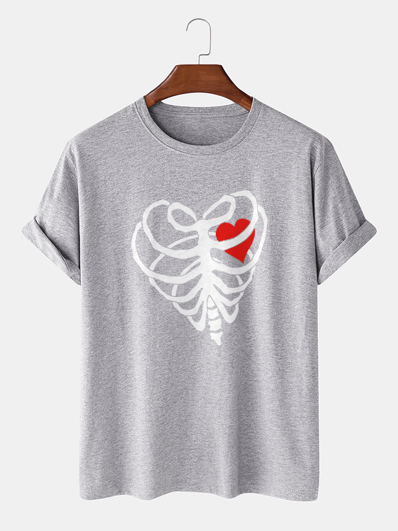 Mens Casual Heart-Shaped Skeleton Cotton Hem Cuff T-Shirt