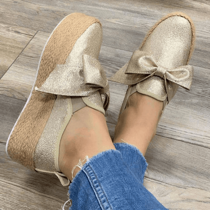 Large Size Women Casual Butterfly Knot Straw Platform Loafers - MRSLM