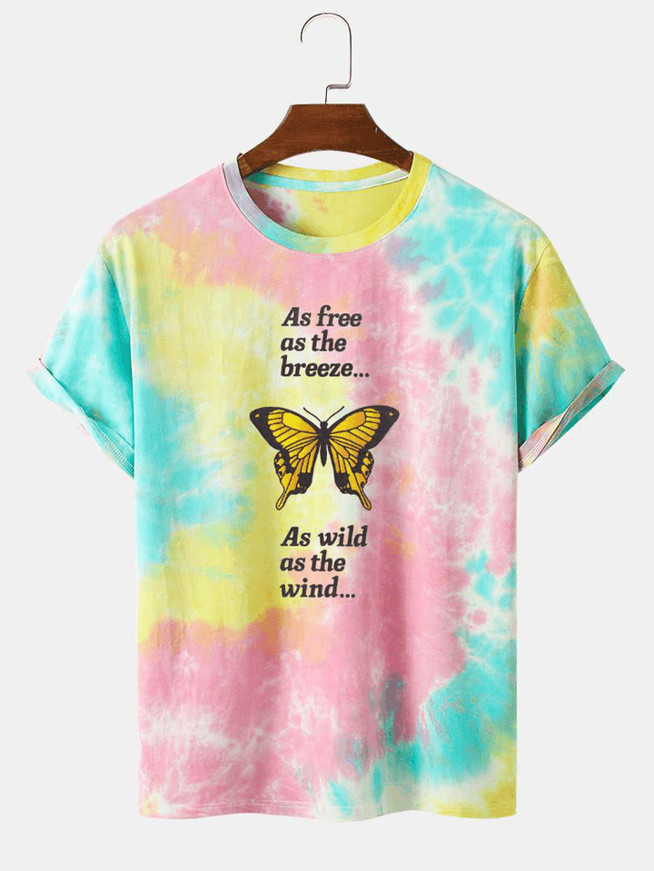 Mens Casual Butterfly Letter Print Street Tie Dye Short Sleeve T-Shirts