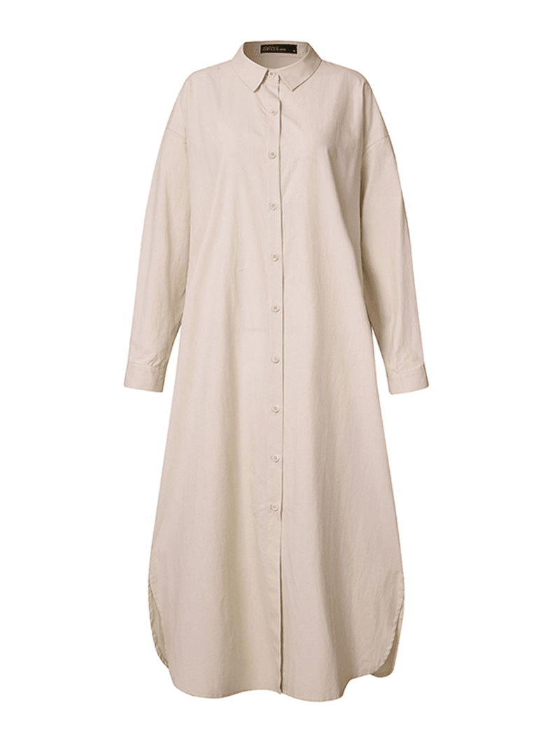 Women's 100% Cotton Solid Color Curved Hem Lapel Shirt Dress – The Perfect Blend of Comfort and Style