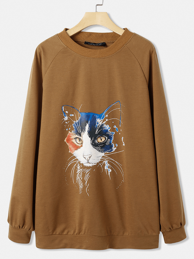 Women Cat Print Solid Color round Neck Casual Loose Pullover Sweatshirt