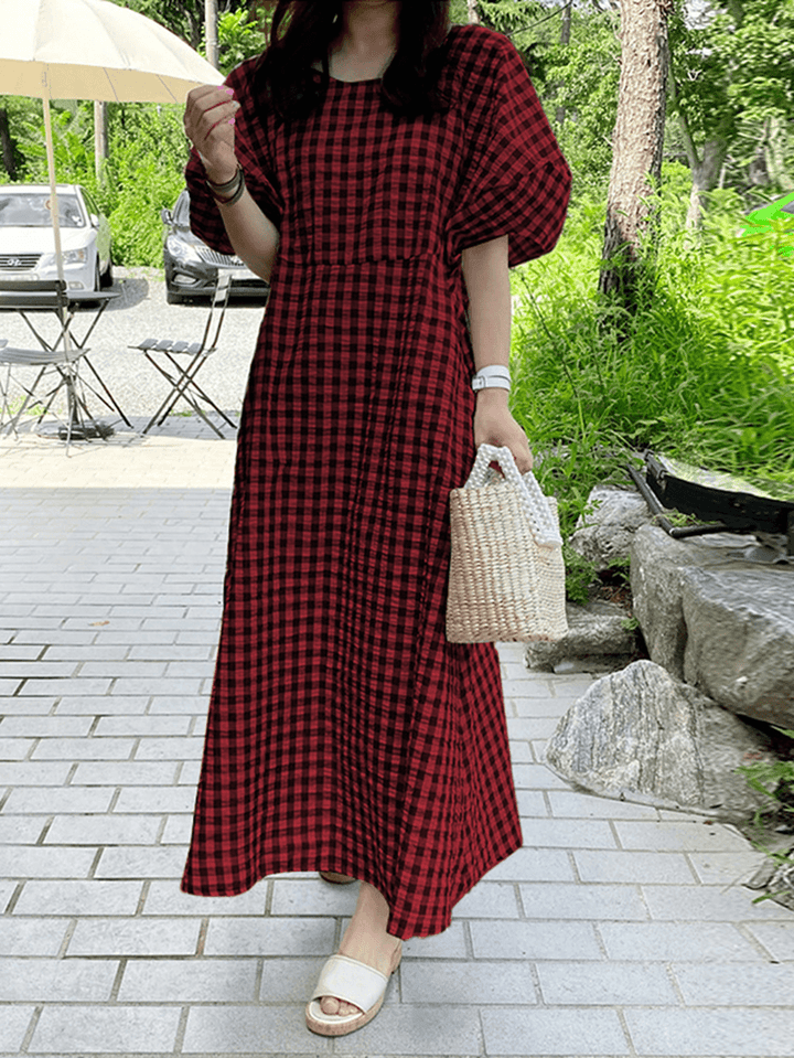 Women Plaid Casual Half Puff Sleeve Literal Holiday Dress