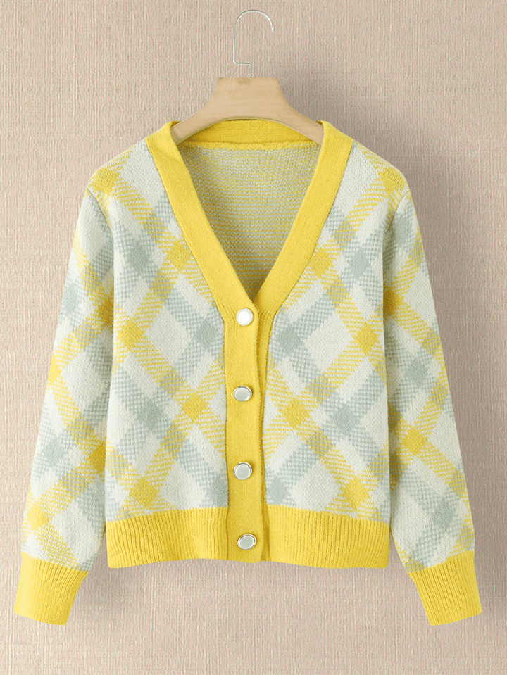 Women Plaid V-Neck Knitted Elastic Cuff Color Block Cardigan