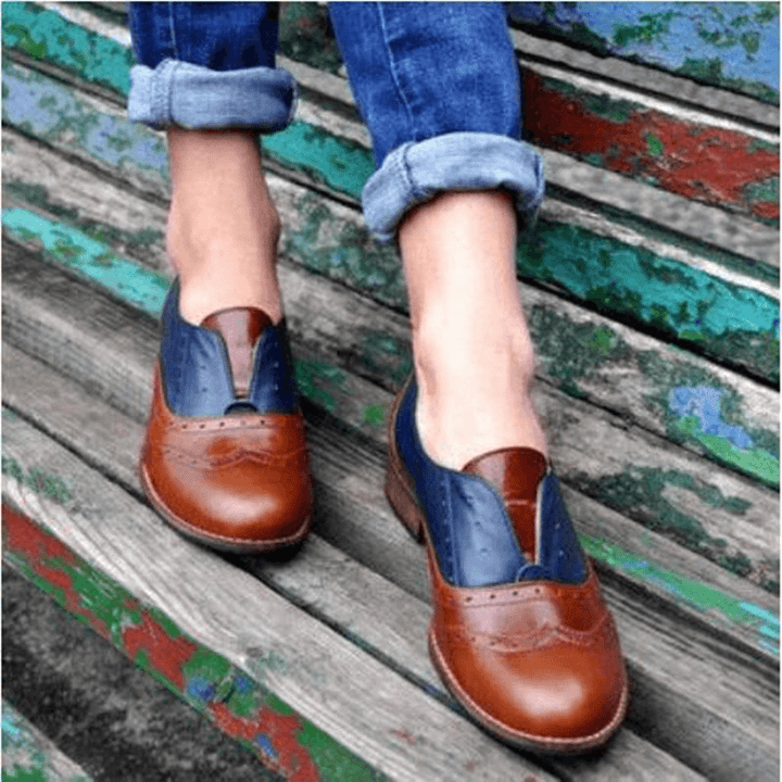 Women Color Splicing Square Heel round Toe Brogue Oxfords Casual Flats Loafers