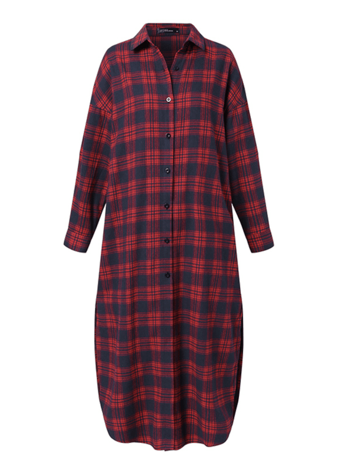 Women Plaid Retro Button Cuffs Split Side Pockets Lapel Long Sleeve Shirtdress Cardigan